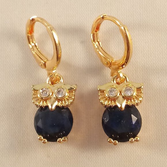 18K Yellow Gold Filled Blue Sapphire Diamond Zircon Owl Dangle Earrings 2.04ctw - Picture 2 of 4